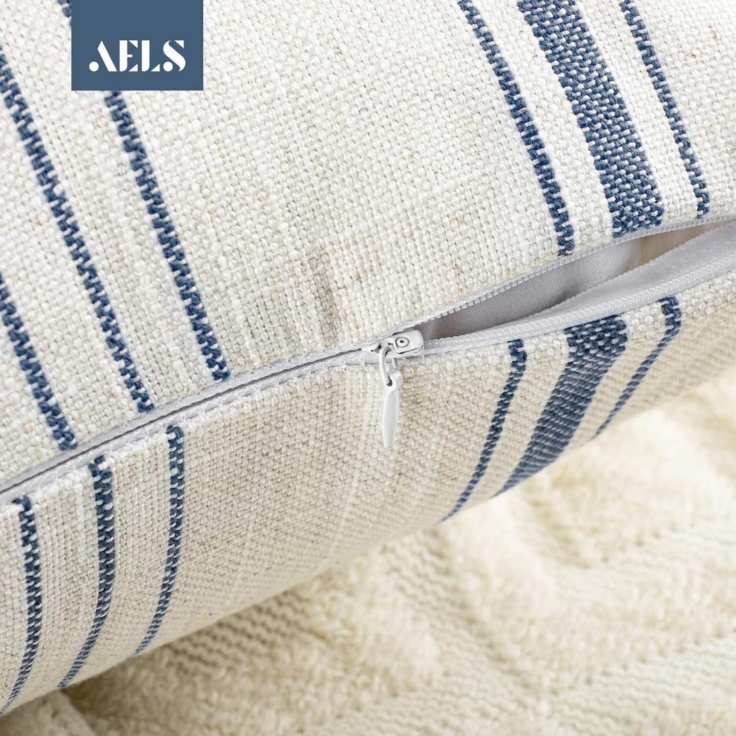 AELS 18x18 Decorative Farmhouse Throw Pillow Covers, Modern Square Pillow Case, Set of 2 Off White with Navy Blue Stripes Textured Linen Cushion Cover for Sofa Couch Living Room (Cover ONLY)