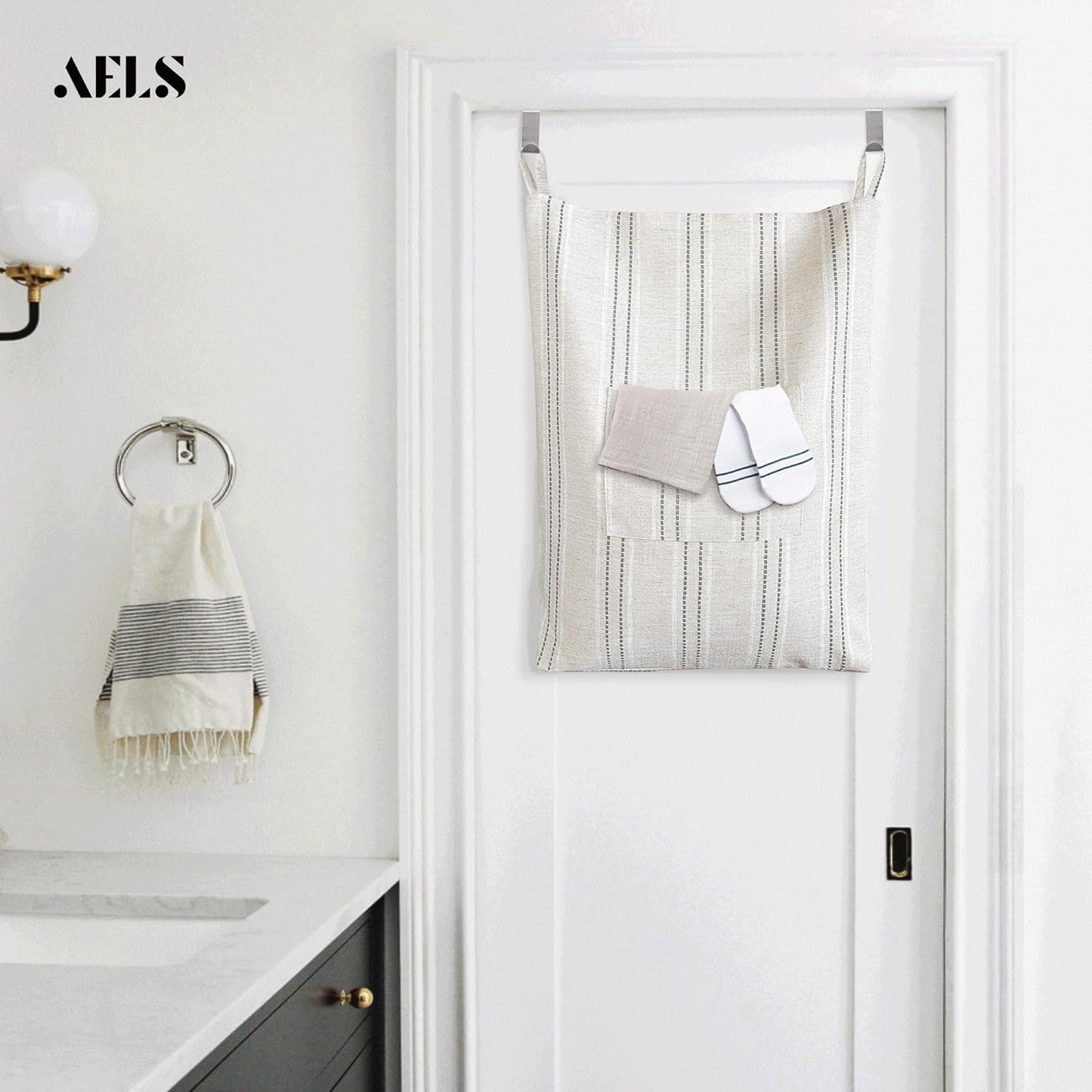 AELS Farmhouse Hanging Laundry Hamper with 2 Hooks, Boho Beige & Black Stripes Linen Laundry Bag with Zipper & Wide Open Top, Over the Door Organizer for Dirty Clothes, Washable Space Saving Storage