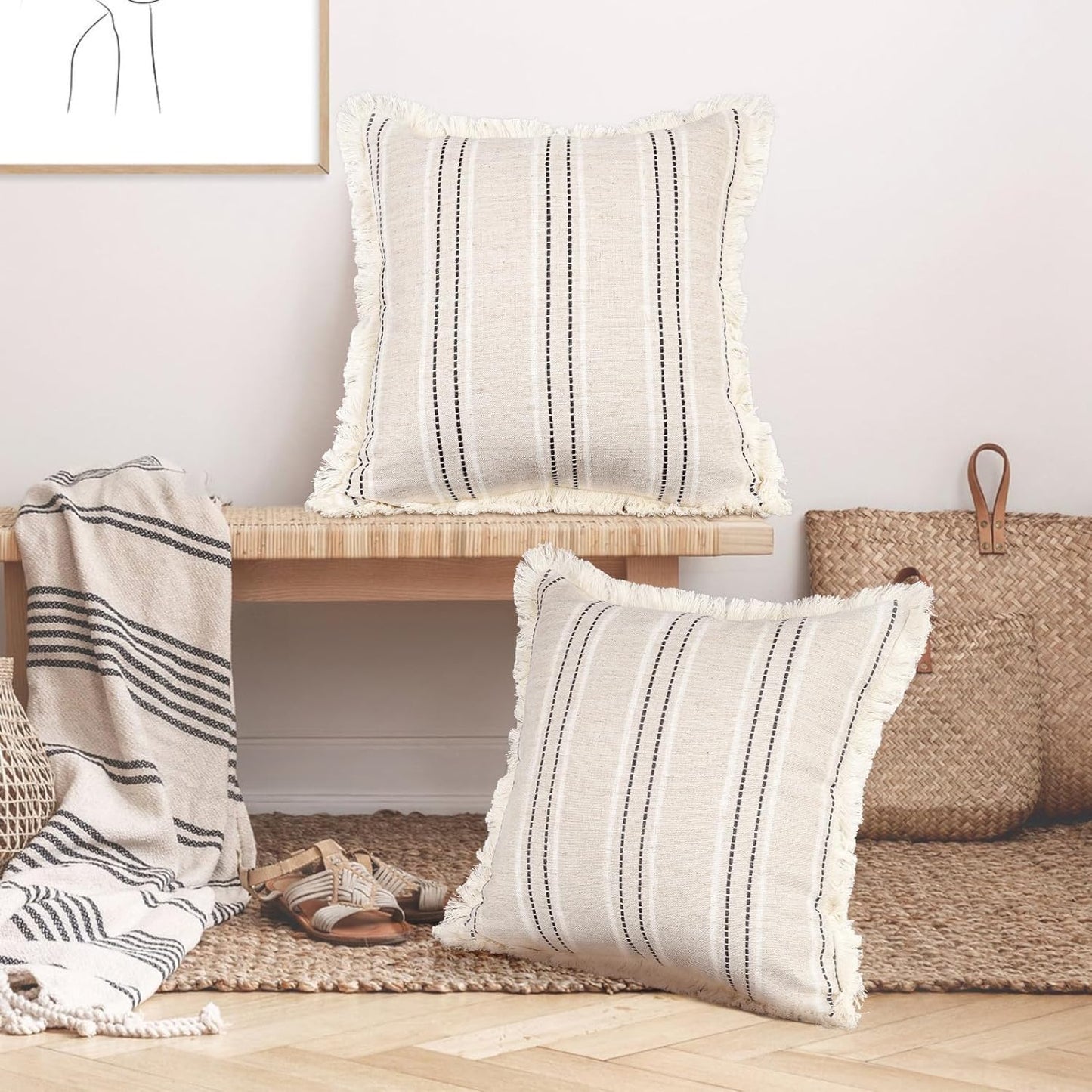 AELS 18x18 Decorative Farmhouse Linen Throw Pillow Covers with Fringe,Boho Textured Pillow Case,Set of 2,Beige with White & Navy Blue Stitch Yarn Dyed Stripe Cushion Cover for Sofa Couch (Cover ONLY)