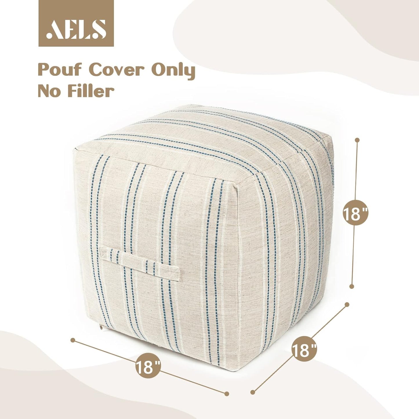 AELS Unstuffed Farmhouse Pouf Cover for Living Room, Boho Storage Bean Bag Cubes, Beige with Brown Stitch Yarn Dyed Stripe Linen Square Ottoman Pouf Foot Rest Footstool, 18"x18"x18", Cover ONLY