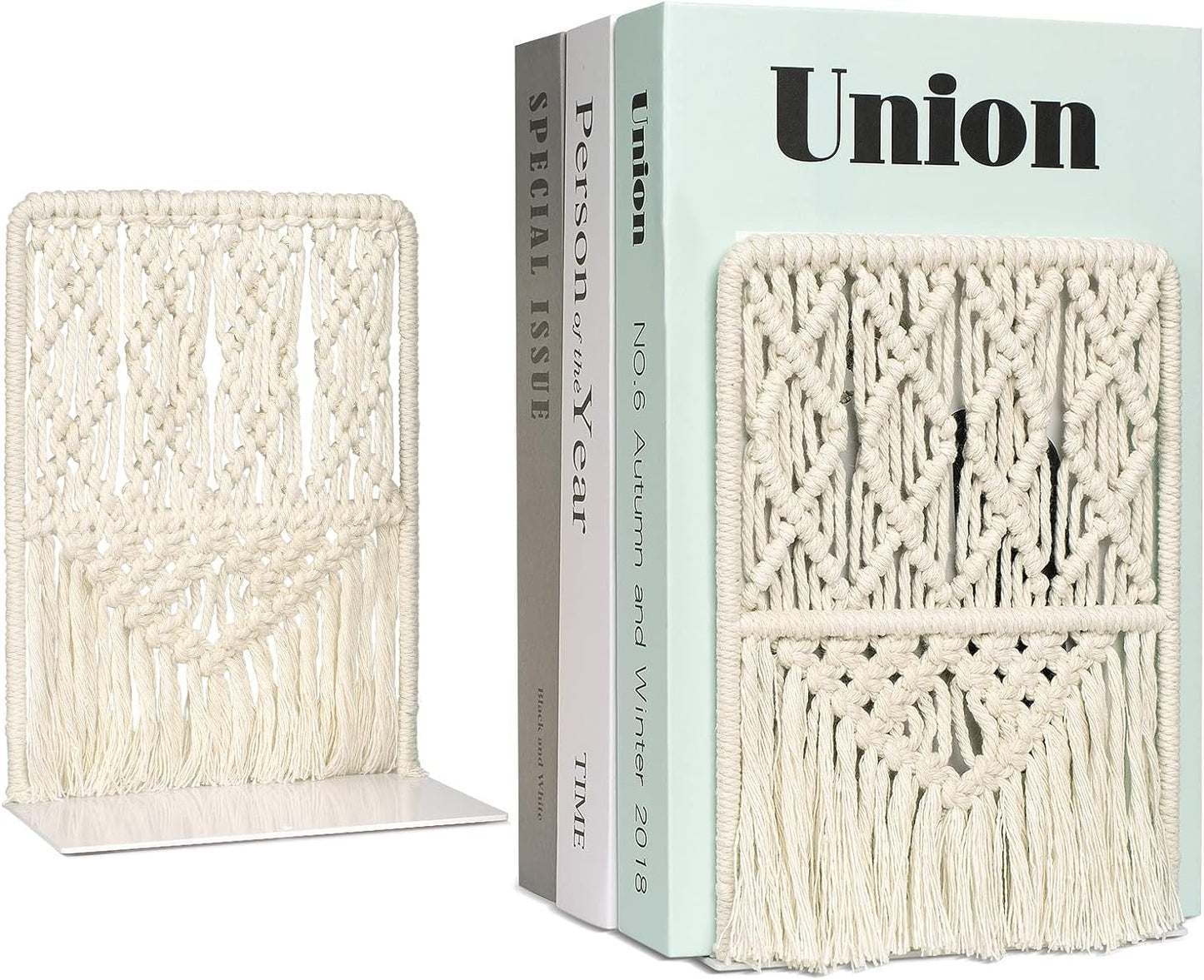 AELS Boho Macrame Bookends, Heavy Duty Metal Book Ends, Decorative Unique Bookend Supports for Shelves, Stopper for Books/Movies/CD, Farmhouse Decoration,Thanksgiving for Friends