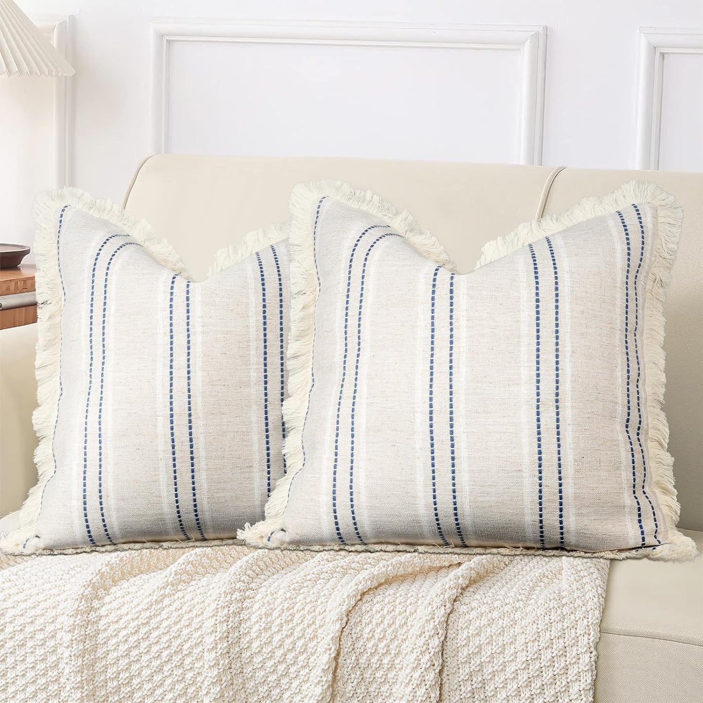 AELS 18x18 Decorative Farmhouse Linen Throw Pillow Covers with Fringe,Boho Textured Pillow Case,Set of 2,Beige with White & Navy Blue Stitch Yarn Dyed Stripe Cushion Cover for Sofa Couch (Cover ONLY)