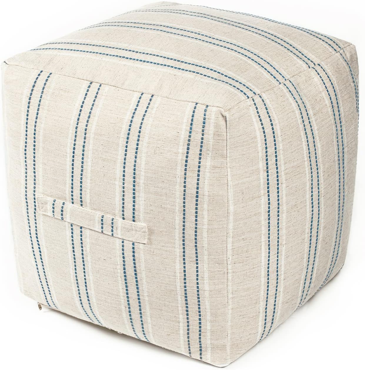 AELS Unstuffed Farmhouse Pouf Cover for Living Room, Boho Storage Bean Bag Cubes, Beige with Brown Stitch Yarn Dyed Stripe Linen Square Ottoman Pouf Foot Rest Footstool, 18"x18"x18", Cover ONLY