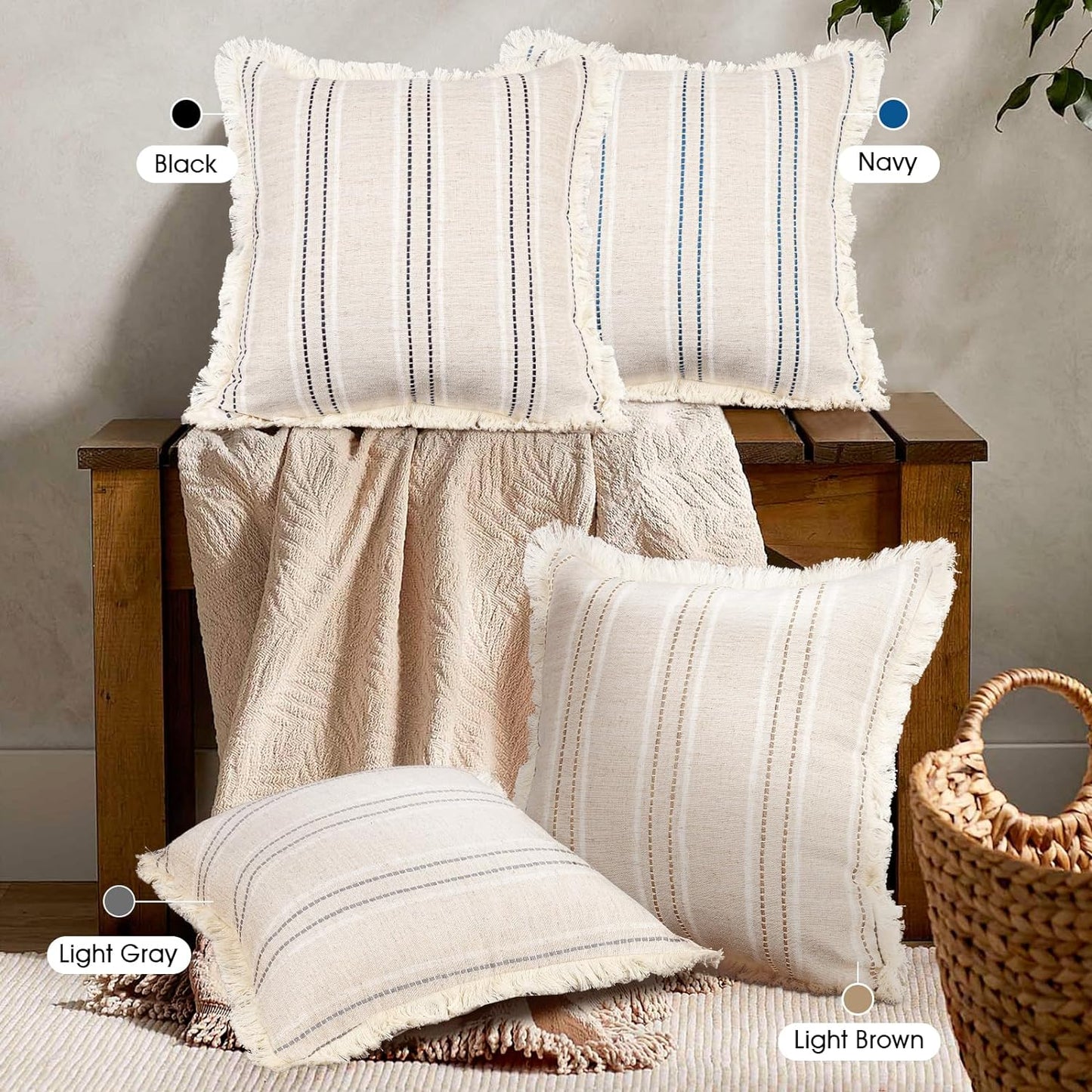 AELS 18x18 Decorative Farmhouse Linen Throw Pillow Covers with Fringe,Boho Textured Pillow Case,Set of 2,Beige with White & Navy Blue Stitch Yarn Dyed Stripe Cushion Cover for Sofa Couch (Cover ONLY)