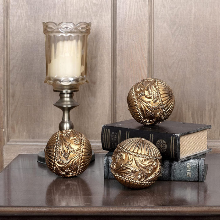 AELS 4" Vintage Decorative Balls Orbs, Set of 3 Decorative Spheres for Bowls and Trays, Antique Dining Table Centerpieces, Home Decor for Living Rooms, Dining Room, Coffee Table, Bronze Gold