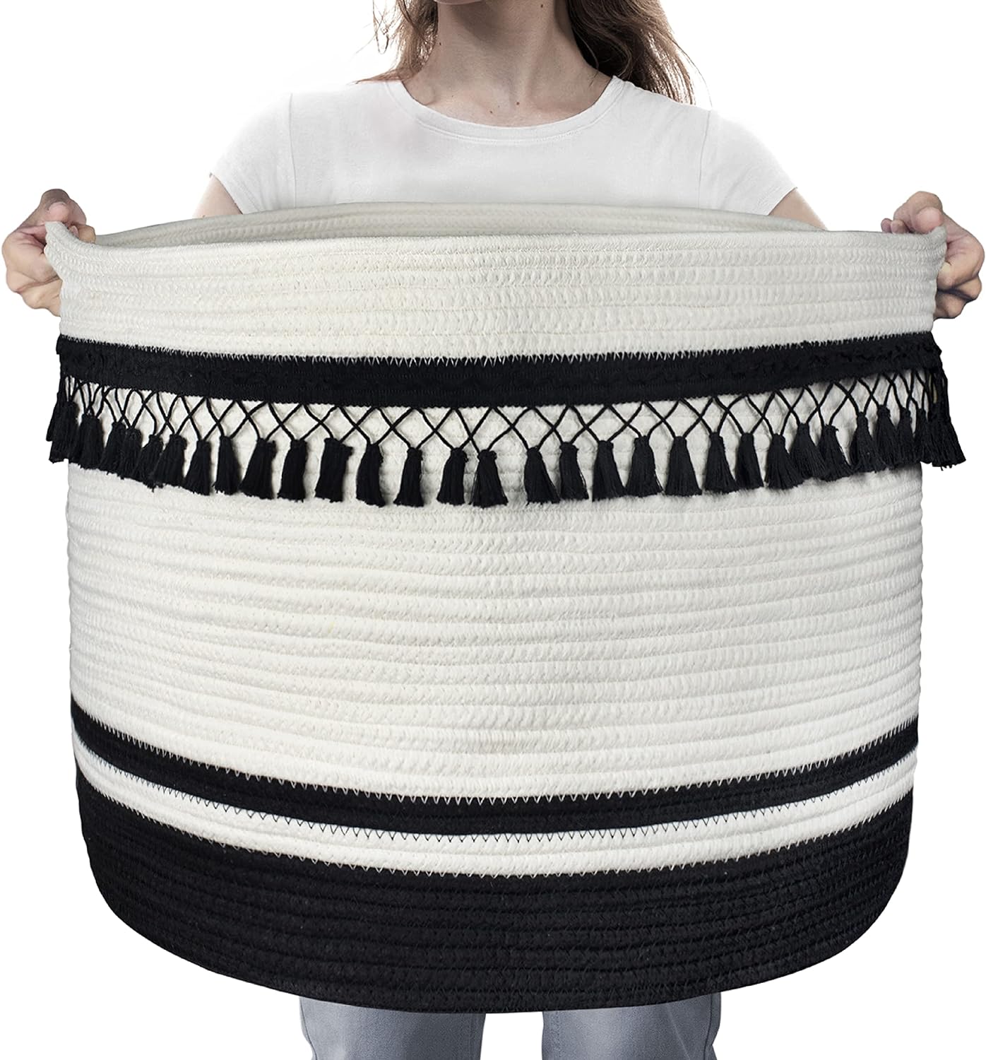 AELS XXXLarge 22"x22"x15" Rope Boho Basket Woven Baby Laundry Basket for Blankets Toys Storage Basket with Handle Comforter Cushions Storage Bins Thread Laundry Hamper-Brown White Gray 93 Liters