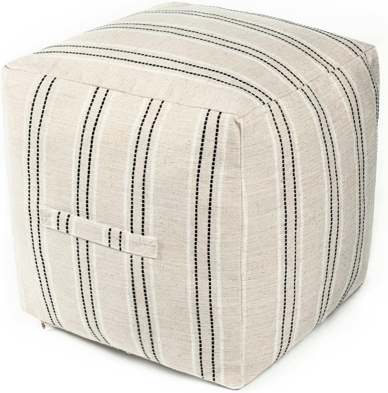 AELS Unstuffed Farmhouse Pouf Cover for Living Room, Boho Storage Bean Bag Cubes, Beige with Brown Stitch Yarn Dyed Stripe Linen Square Ottoman Pouf Foot Rest Footstool, 18"x18"x18", Cover ONLY