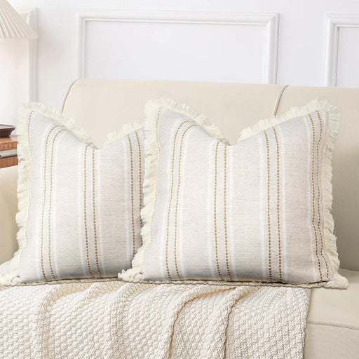 AELS 18x18 Decorative Farmhouse Linen Throw Pillow Covers with Fringe, Boho Textured Pillow Case, Set of 2, Beige with White & Brown Stitch Yarn Dyed Stripe Cushion Cover for Sofa Couch (Cover ONLY)