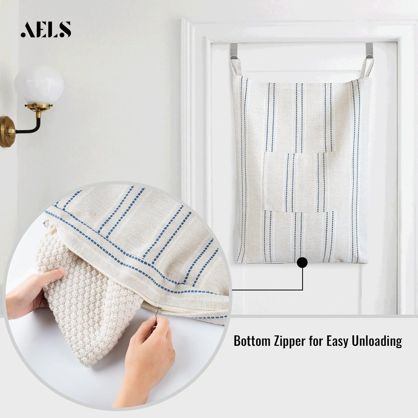 AELS Farmhouse Hanging Laundry Hamper with 2 Hooks, Boho Beige & Black Stripes Linen Laundry Bag with Zipper & Wide Open Top, Over the Door Organizer for Dirty Clothes, Washable Space Saving Storage