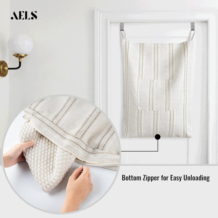 AELS Farmhouse Hanging Laundry Hamper with 2 Hooks, Boho Beige & Black Stripes Linen Laundry Bag with Zipper & Wide Open Top, Over the Door Organizer for Dirty Clothes, Washable Space Saving Storage