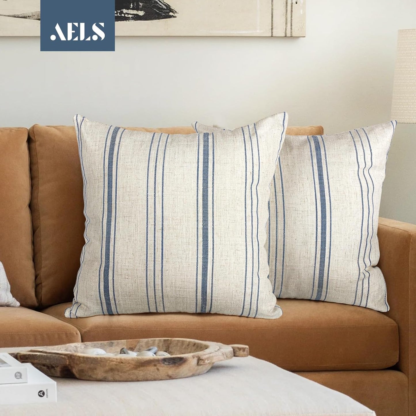 AELS 18x18 Decorative Farmhouse Throw Pillow Covers, Modern Square Pillow Case, Set of 2 Off White with Navy Blue Stripes Textured Linen Cushion Cover for Sofa Couch Living Room (Cover ONLY)