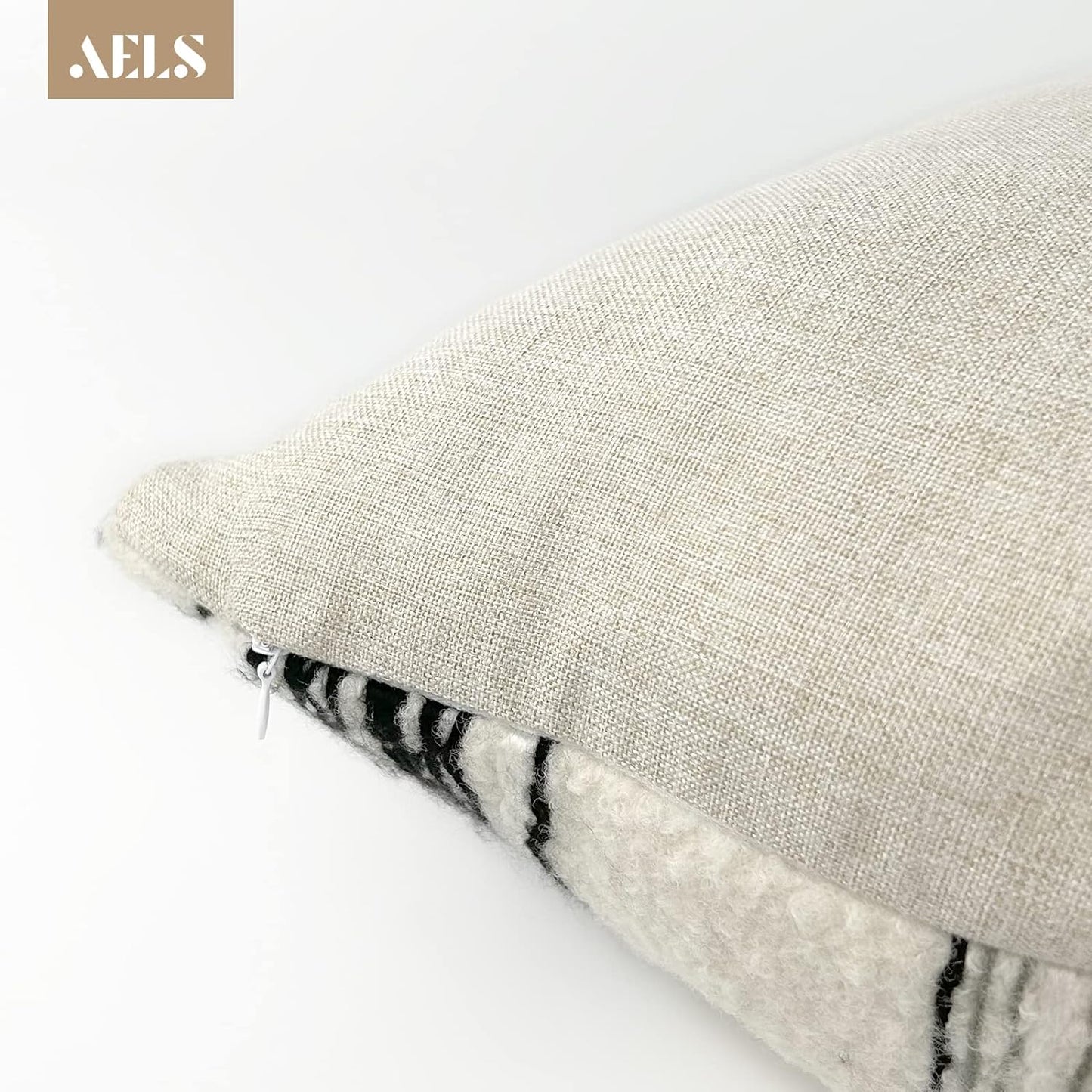 AELS 18x18 Decorative Soft Plush Throw Pillow Covers, Farmhouse Faux Fur Pillow Case, Set of 2, Beige with Black White Gray Stitch Yarn Dyed Stripe Cushion Cover for Sofa Couch Living Room, Cover ONLY