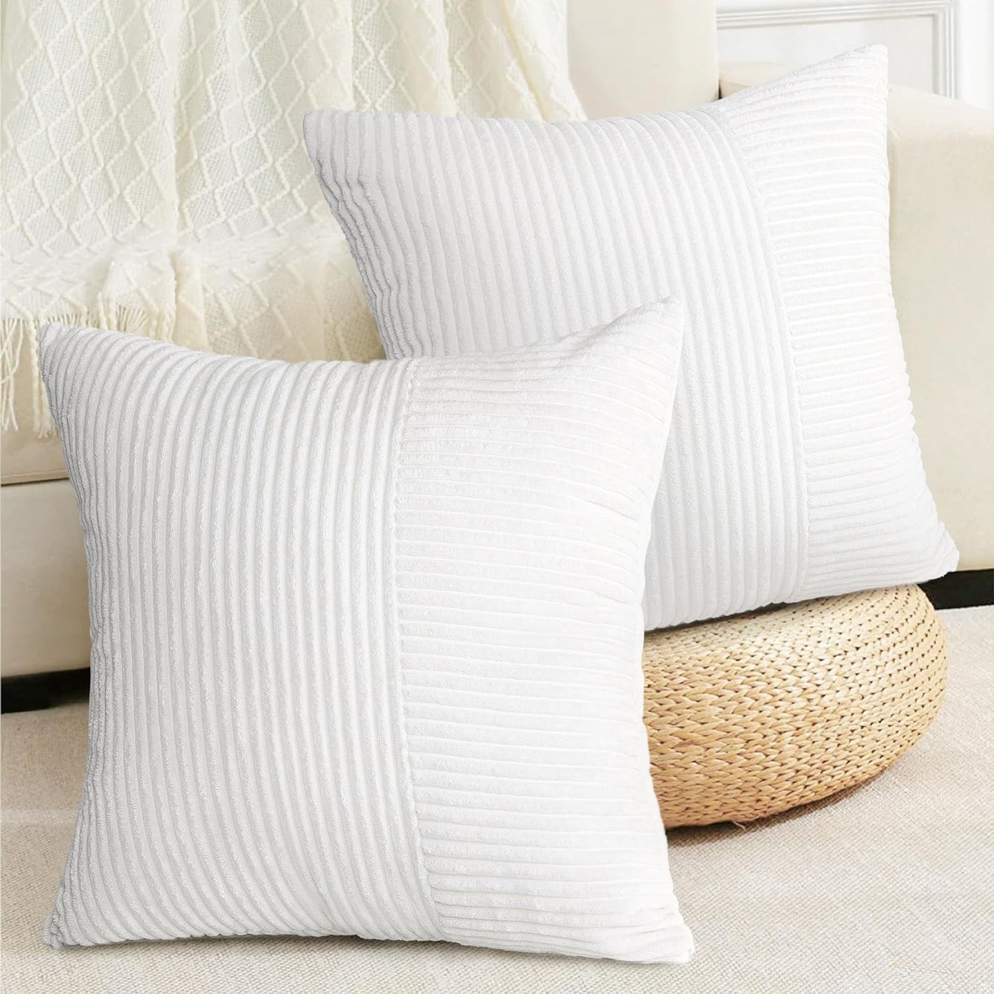 AELS 18x18 Soft Corduroy Striped Throw Pillow Covers, Decorative Square Pillow Case, Set of 2, Modern Farmhouse Cushion Cover for Sofa Couch Living Room, White (Cover ONLY)