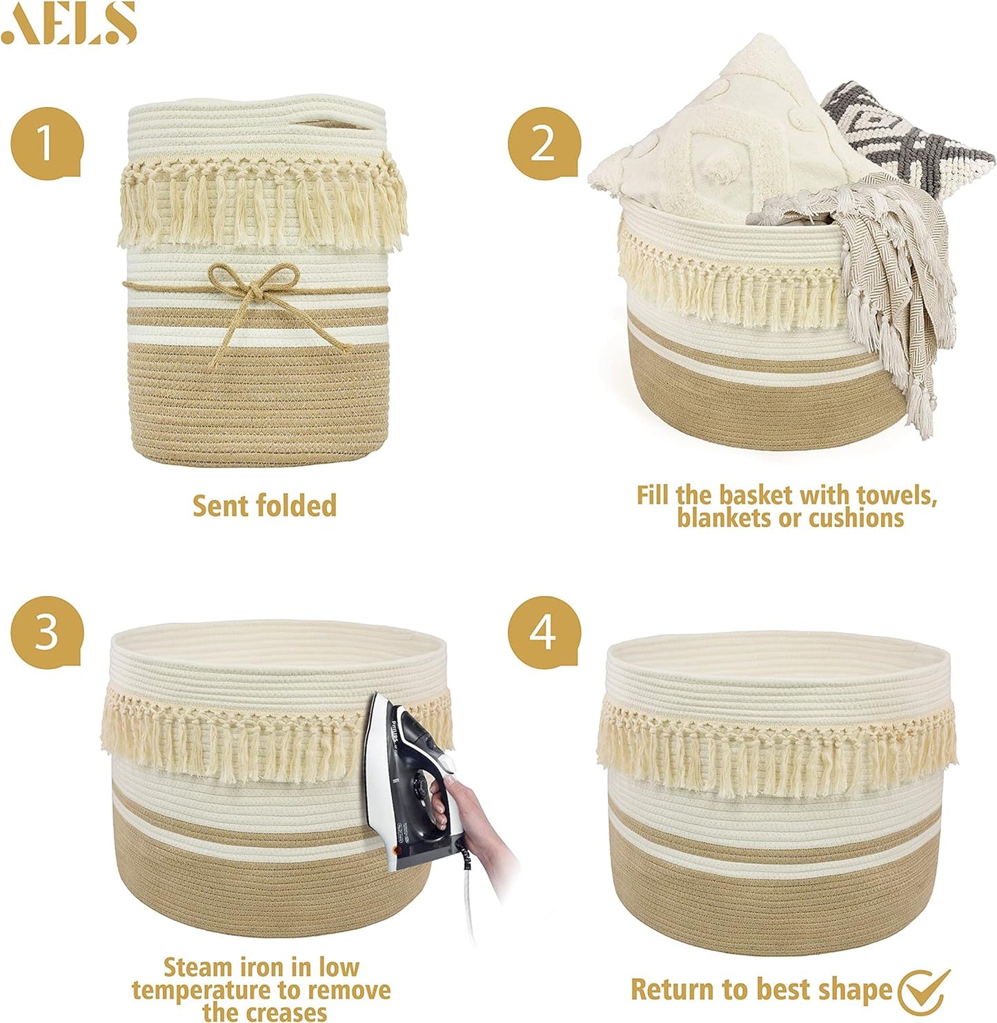 AELS XXXLarge 22"x22"x15" Rope Boho Basket Woven Baby Laundry Basket for Blankets Toys Storage Basket with Handle Comforter Cushions Storage Bins Thread Laundry Hamper-Brown White Gray 93 Liters