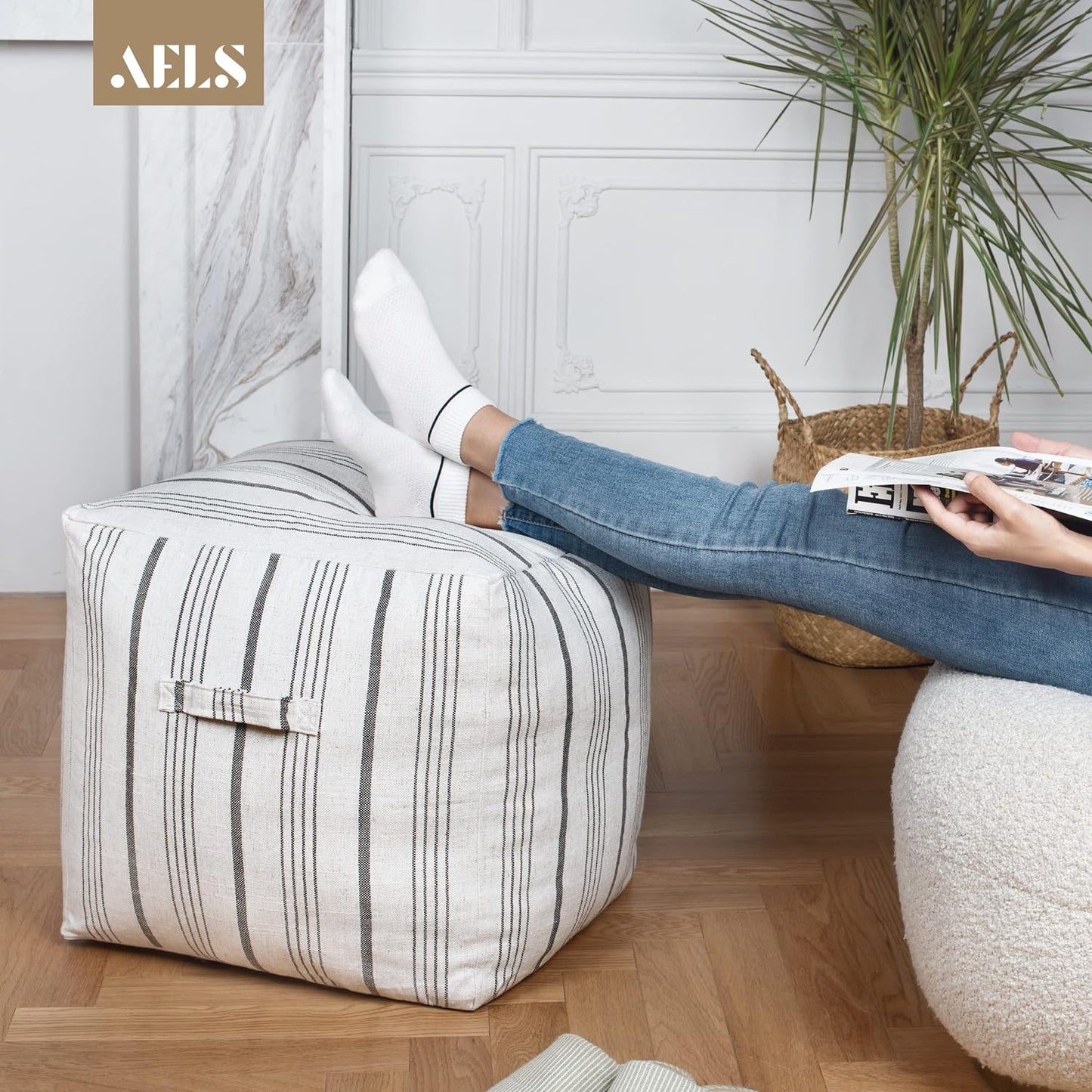 AELS Unstuffed Farmhouse Pouf Cover for Living Room, Storage Bean Bag Cubes, Off White & Gray Stripes Linen Square Ottoman Pouf Foot Rest Footstool, 18"x18"x18", Cover ONLY