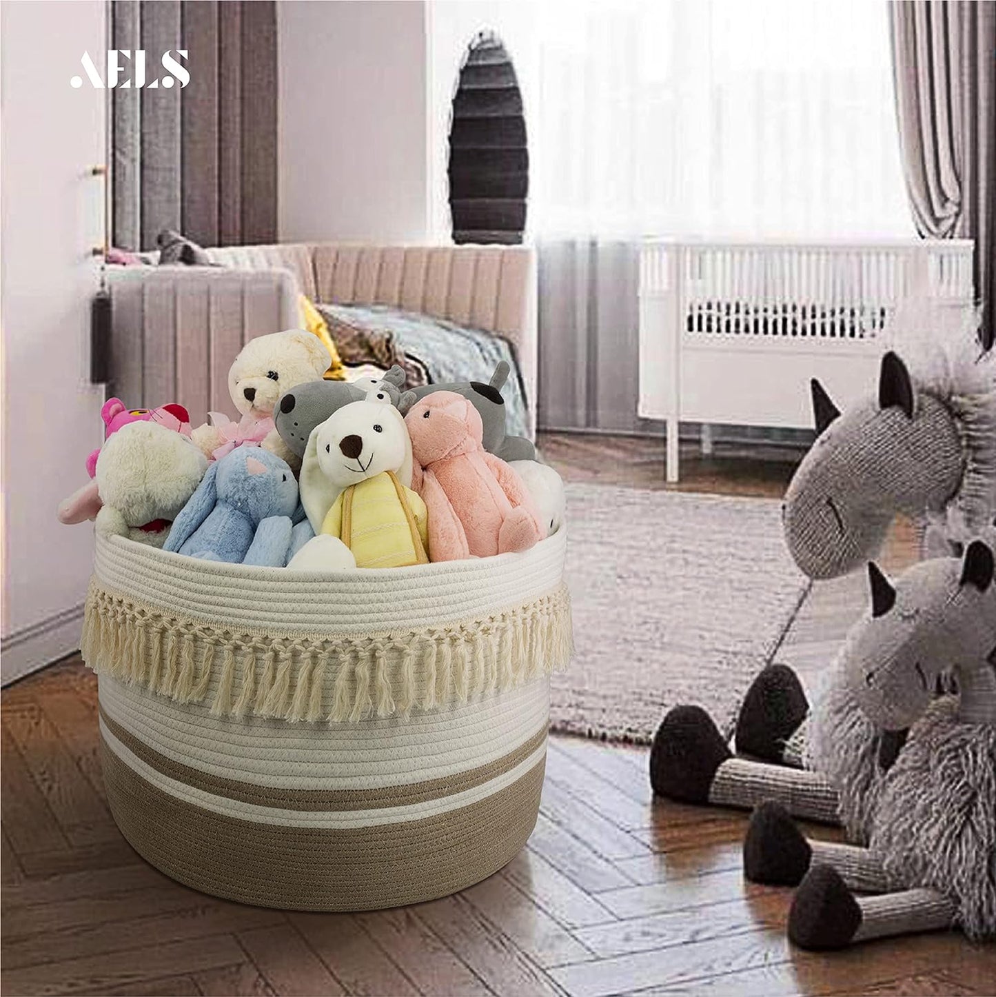 AELS XXXLarge 22"x22"x15" Rope Boho Basket Woven Baby Laundry Basket for Blankets Toys Storage Basket with Handle Comforter Cushions Storage Bins Thread Laundry Hamper-Brown White Gray 93 Liters