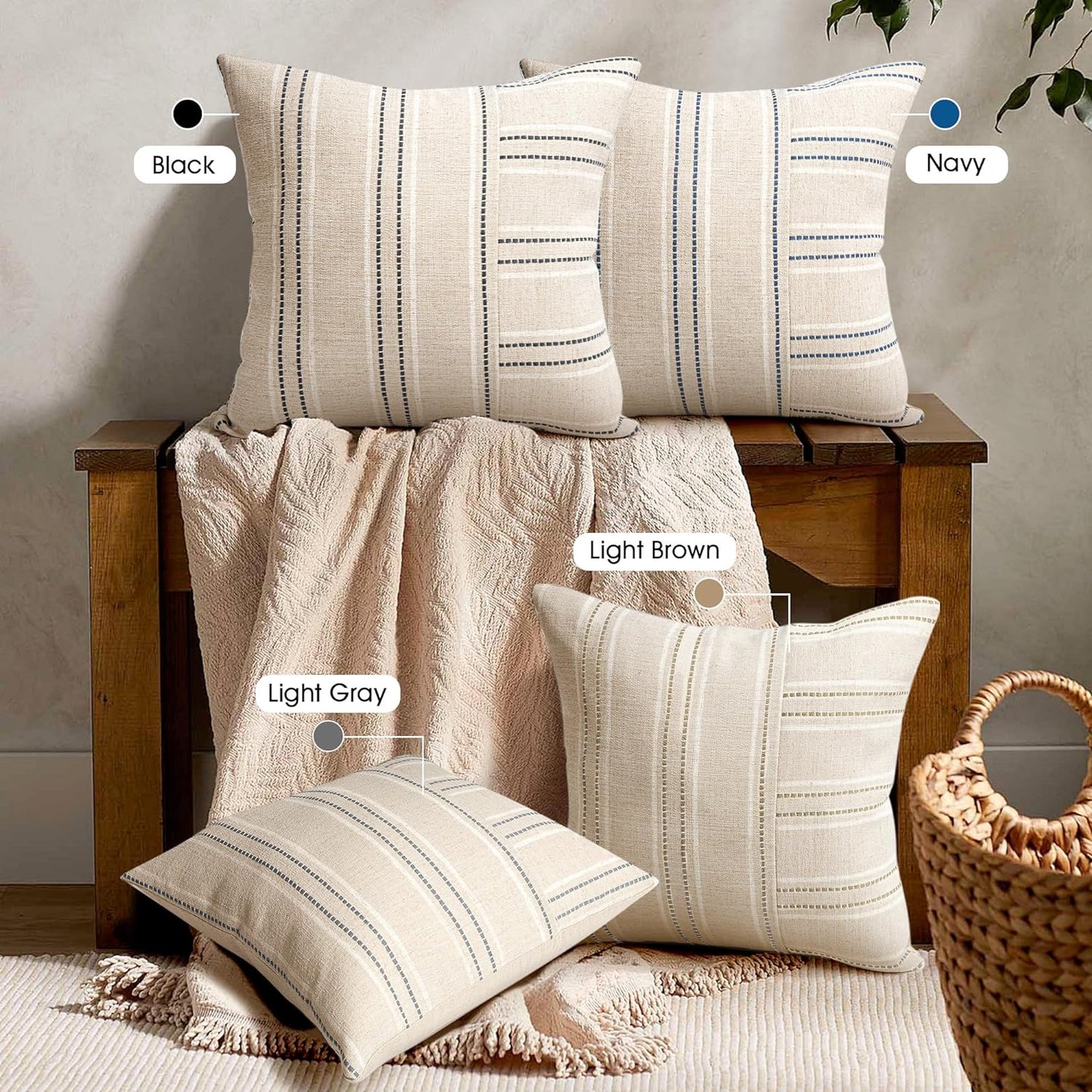 AELS 18x18 Decorative Farmhouse Linen Throw Pillow Covers, Boho Textured Pillow Case, Set of 2, Beige with White & Gray Stripe Patchwork Cushion Cover for Sofa Couch Living Room (Cover ONLY)