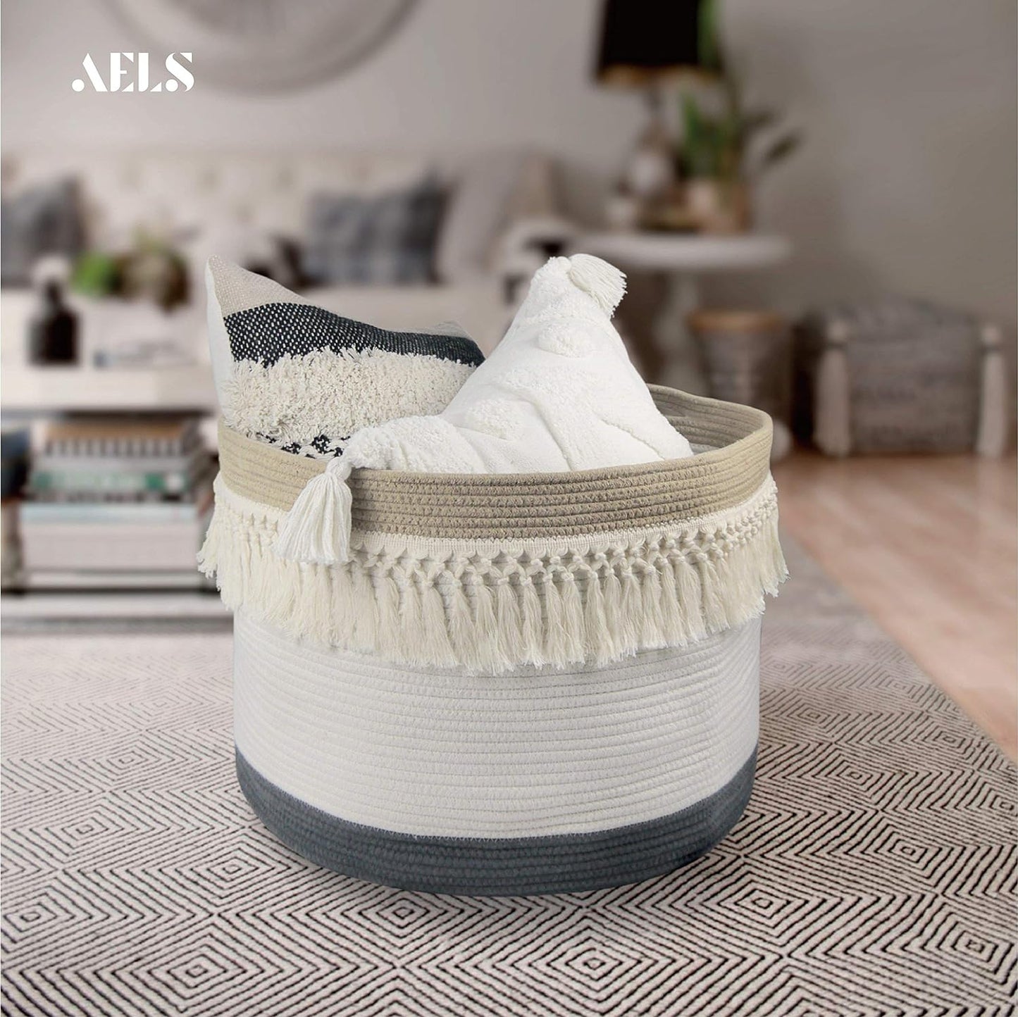 AELS XXXLarge 22"x22"x15" Rope Boho Basket Woven Baby Laundry Basket for Blankets Toys Storage Basket with Handle Comforter Cushions Storage Bins Thread Laundry Hamper-Brown White Gray 93 Liters