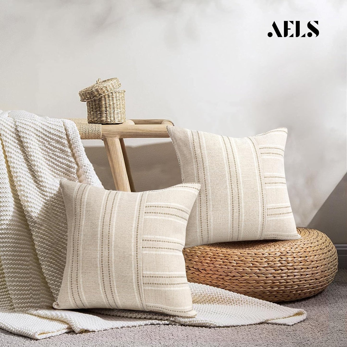 AELS 18x18 Decorative Farmhouse Linen Throw Pillow Covers, Boho Textured Pillow Case, Set of 2, Beige with White & Gray Stripe Patchwork Cushion Cover for Sofa Couch Living Room (Cover ONLY)