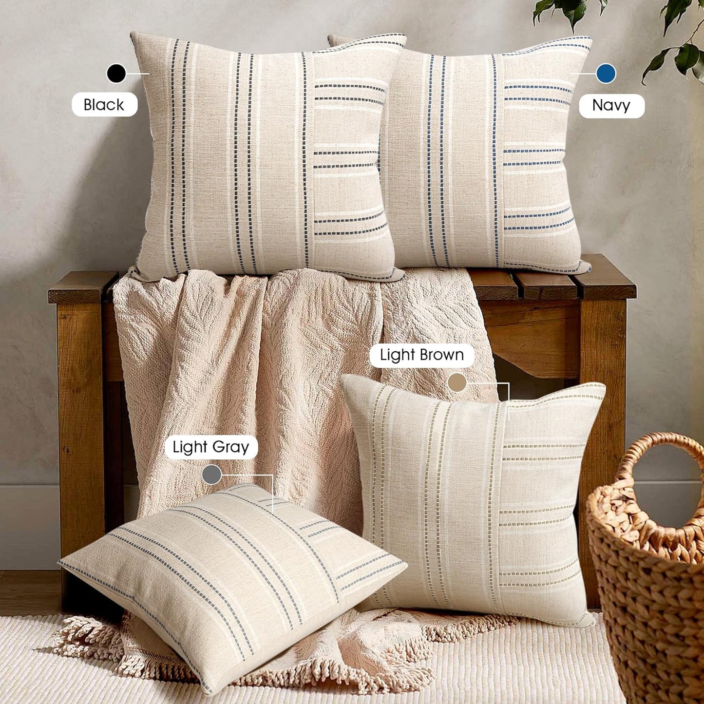 AELS 12x20 Decorative Farmhouse Linen Throw Pillow Covers, Boho Rectangle Lumbar Pillow Case, Set of 2, Beige with Navy Blue Stripe Patchwork Cushion Cover for Sofa Couch Living Room (Cover ONLY)