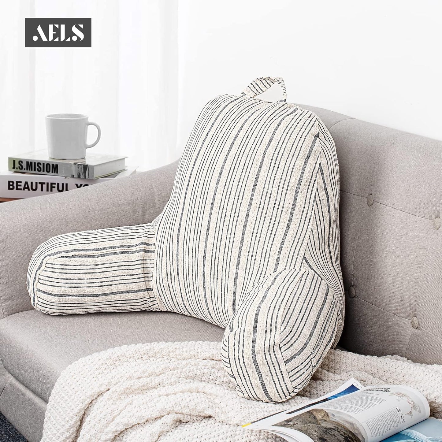 AELS Large Reading Pillow Replacement Cover with Arms and Pockets (Cover ONLY), 18" Beige with Gray Stripes Textured Linen Backrest Pillow Cover Fits Standard Size Husband Pillows