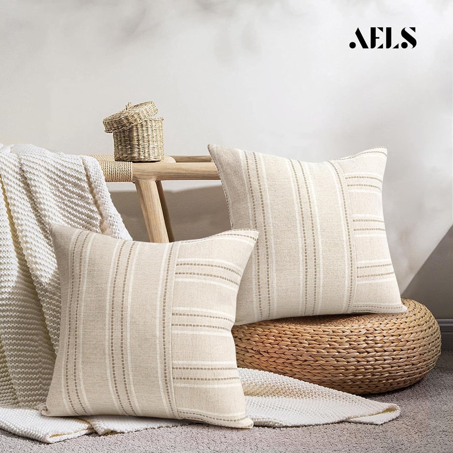 AELS 18x18 Decorative Farmhouse Linen Throw Pillow Covers, Boho Textured Pillow Case, Set of 2, Beige with White & Gray Stripe Patchwork Cushion Cover for Sofa Couch Living Room (Cover ONLY)