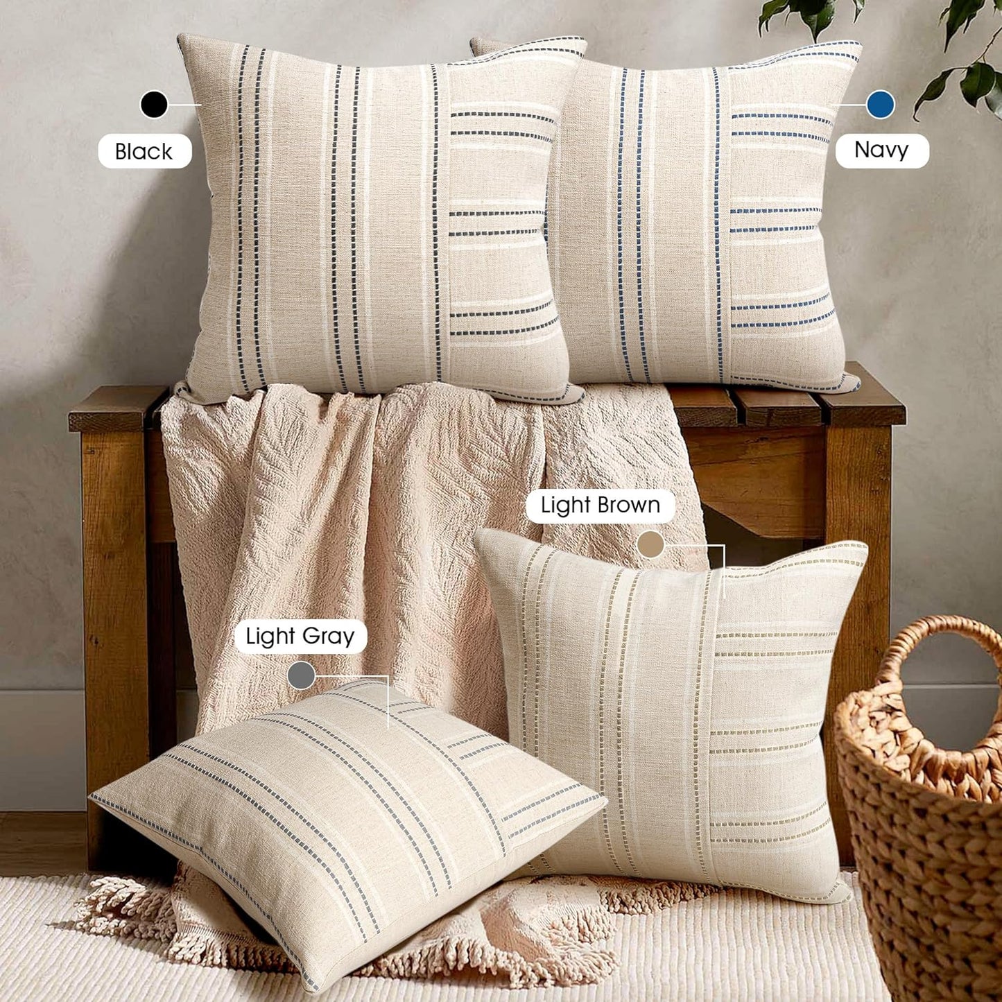 AELS 18x18 Decorative Farmhouse Linen Throw Pillow Covers, Boho Textured Pillow Case, Set of 2, Beige with White & Gray Stripe Patchwork Cushion Cover for Sofa Couch Living Room (Cover ONLY)