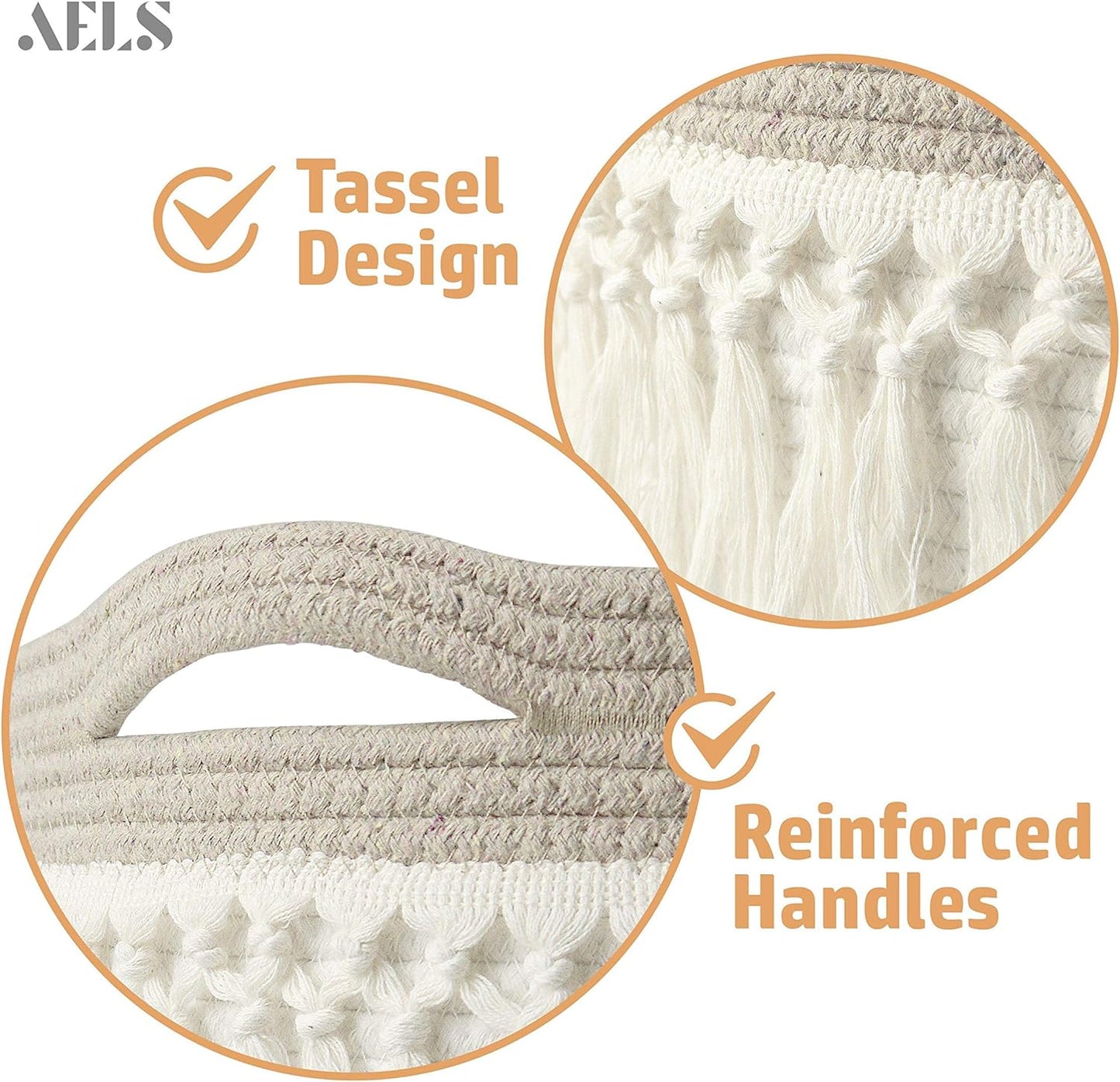 AELS XXXLarge 22"x22"x15" Rope Boho Basket Woven Baby Laundry Basket for Blankets Toys Storage Basket with Handle Comforter Cushions Storage Bins Thread Laundry Hamper-Brown White Gray 93 Liters