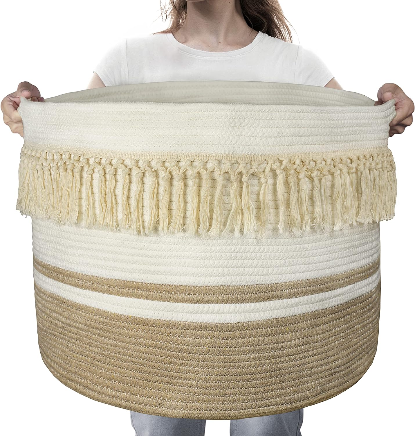 AELS XXXLarge 22"x22"x15" Rope Boho Basket Woven Baby Laundry Basket for Blankets Toys Storage Basket with Handle Comforter Cushions Storage Bins Thread Laundry Hamper-Brown White Gray 93 Liters