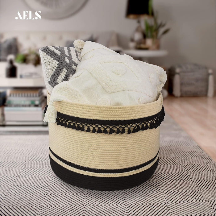 AELS XXXLarge 22"x22"x15" Rope Boho Basket Woven Baby Laundry Basket for Blankets Toys Storage Basket with Handle Comforter Cushions Storage Bins Thread Laundry Hamper-Brown White Gray 93 Liters