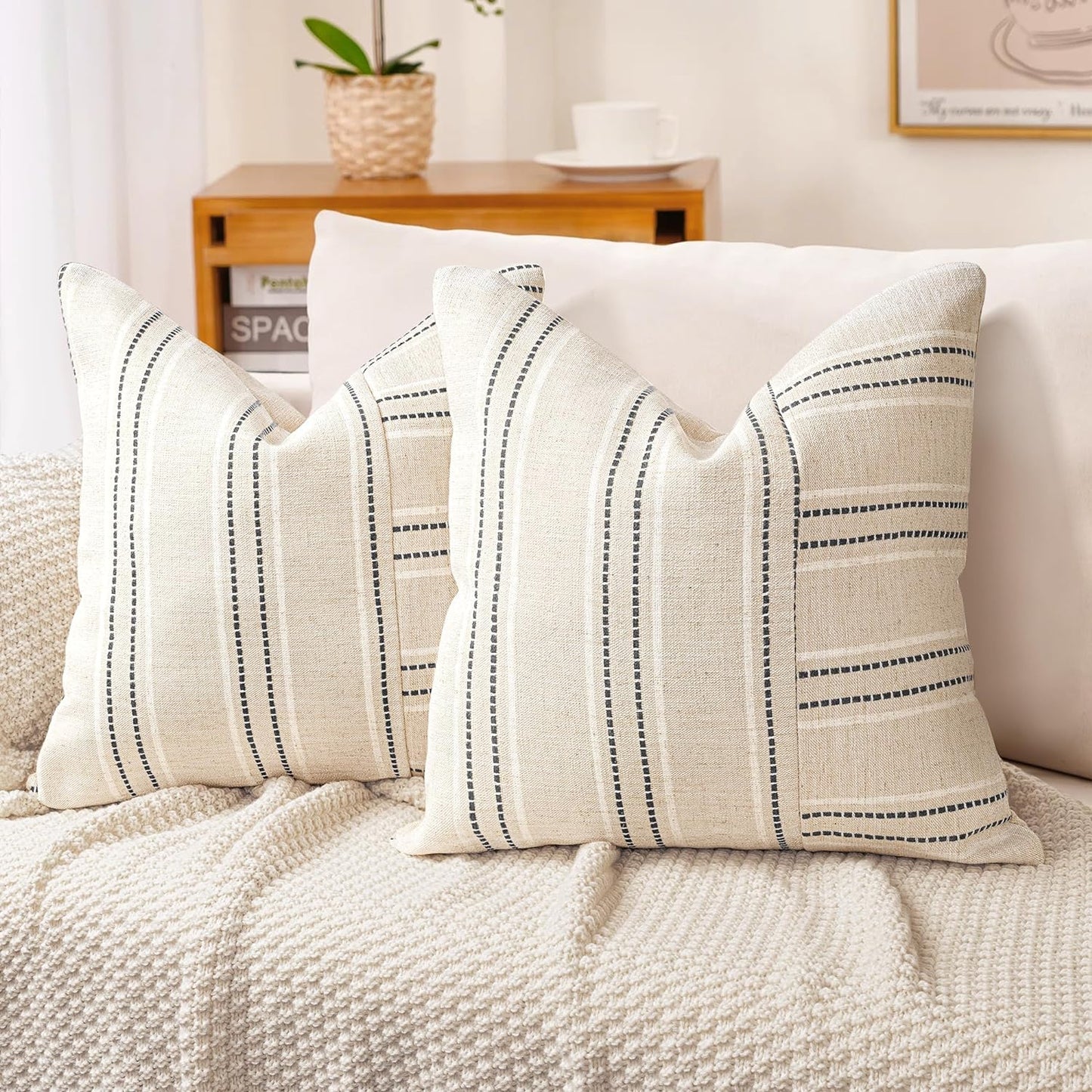 AELS 18x18 Decorative Farmhouse Linen Throw Pillow Covers, Boho Textured Pillow Case, Set of 2, Beige with White & Gray Stripe Patchwork Cushion Cover for Sofa Couch Living Room (Cover ONLY)