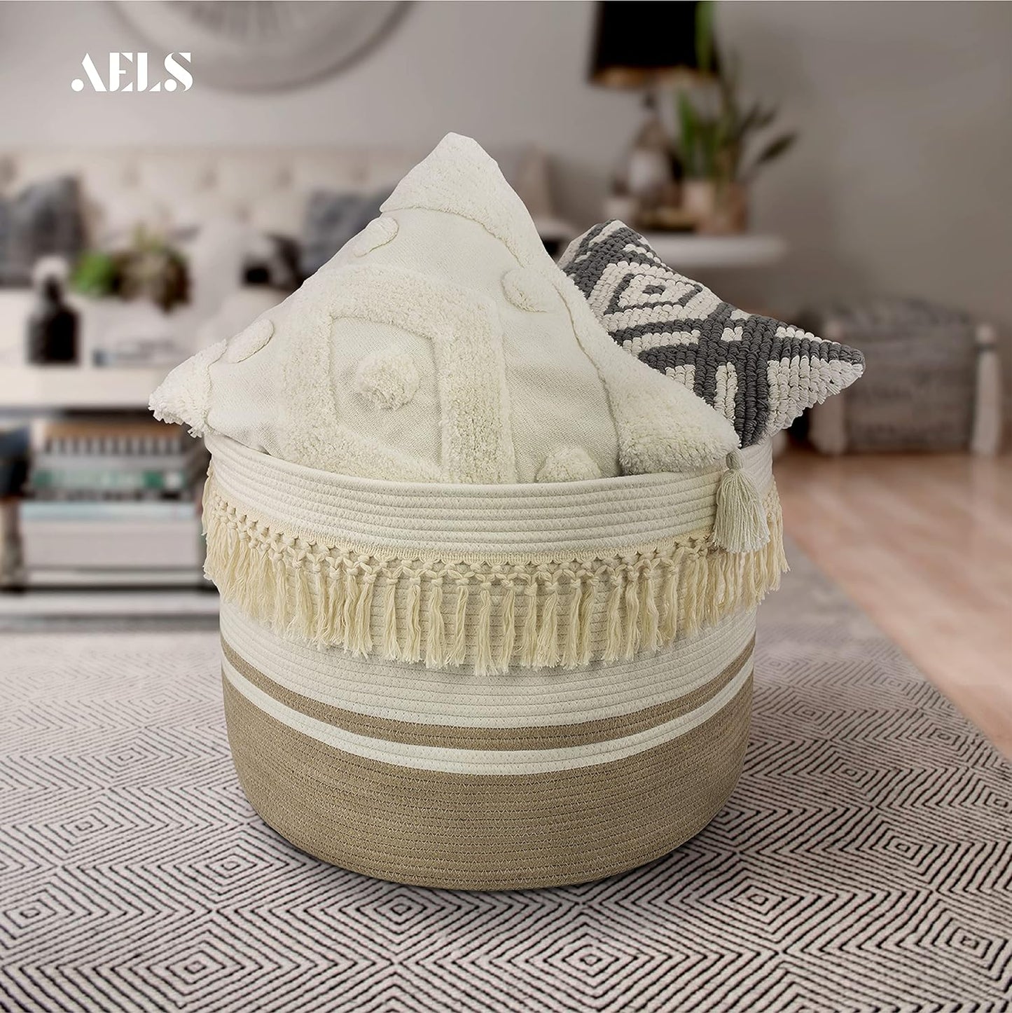 AELS XXXLarge 22"x22"x15" Rope Boho Basket Woven Baby Laundry Basket for Blankets Toys Storage Basket with Handle Comforter Cushions Storage Bins Thread Laundry Hamper-Brown White Gray 93 Liters