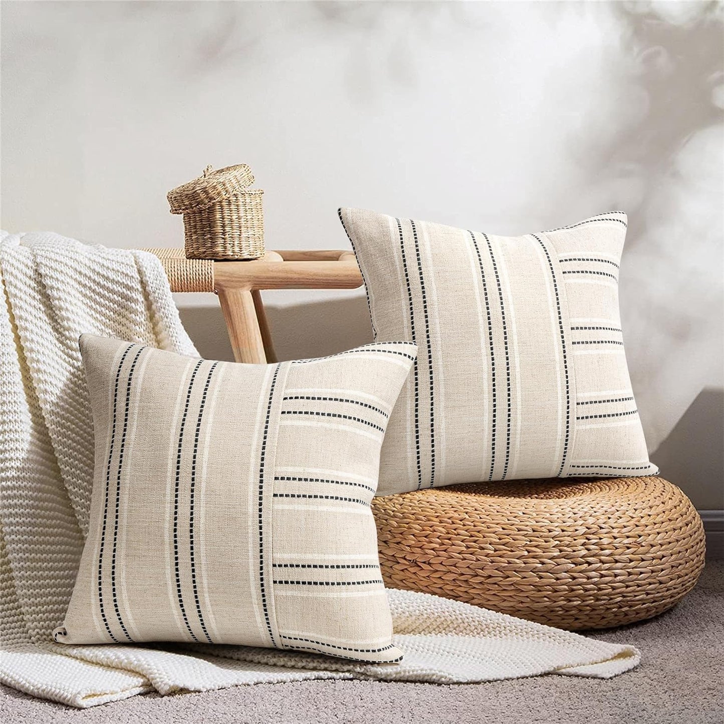 AELS 18x18 Decorative Farmhouse Linen Throw Pillow Covers, Boho Textured Pillow Case, Set of 2, Beige with White & Gray Stripe Patchwork Cushion Cover for Sofa Couch Living Room (Cover ONLY)