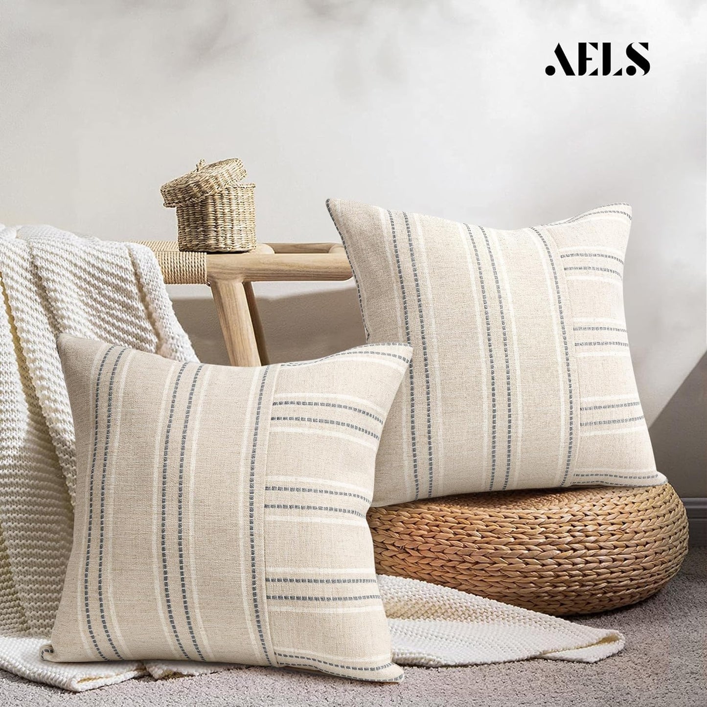 AELS 18x18 Decorative Farmhouse Linen Throw Pillow Covers, Boho Textured Pillow Case, Set of 2, Beige with White & Gray Stripe Patchwork Cushion Cover for Sofa Couch Living Room (Cover ONLY)